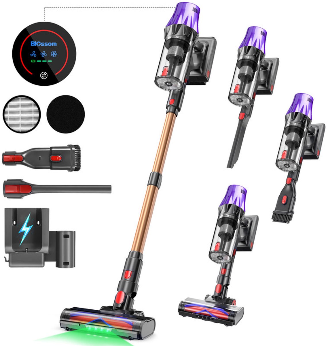 BLOSSOM Steelstofzuiger Draadloos - 600W - Kruimeldief - 55kPa Zuigkracht - Tot 65 Min Accuduur - Groene Laser - HEPA Filter - zonder zak - Paars/Goud