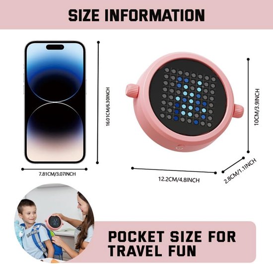 Roze draagbare spelconsole met blauwe en lichtblauwe stippen, naast een smartphone en met afmetingen.