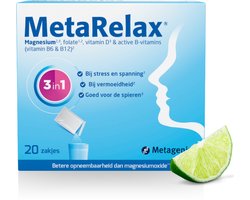 MetaRelax Magnesium Poeder – 20 Zakjes - Hoogwaardig Magnesiumcomplex met Magnesiumglycerofosfaat - Bij Stress & Spanning - Vermoeidheid - Goed voor de Spieren - Hou het hoofd koel en schiet niet in een kramp