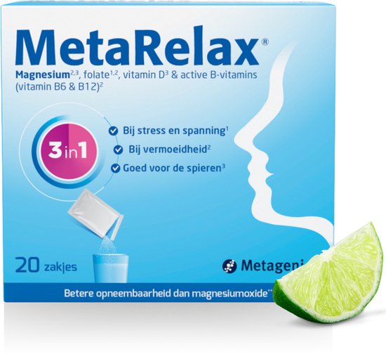 Metagenics MetaRelax: Doosje met 20 zakjes, met magnesium voor bij stress, vermoeidheid en spieren. Met citroenschijfje.