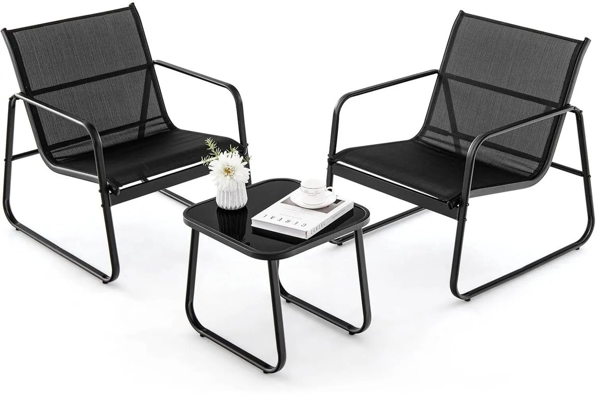 Sello! tuinset – balkonset – driedelig – twee stoelen – 1 salontafel – ergonomisch ontwerp – ademende stof – metalen frame - zwart