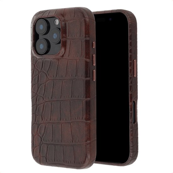 Étui pour iPhone en cuir de crocodile marron, avec et sans téléphone.
