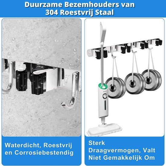 Bezemhouder Set van 2 Krachtige Grip en Ruimtebesparend - Gereedschapshouder Wand Voor Tuingereedschap en Schoonmaakartikelen - 8 Houders en 6 Haken - Zelfklevend en Schroefmontage in RVS Zilver van Merkloos	 — afbeelding 2