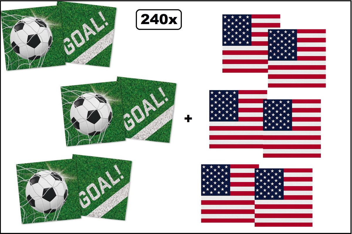 120x Servetten Voetbal 33cm x 33cm + 120x Servetten USA 33cm x 33cm - 3 laags - MIX - WK Servet diner eten knoeien restaurant BBQ thema feest verjaardag feest