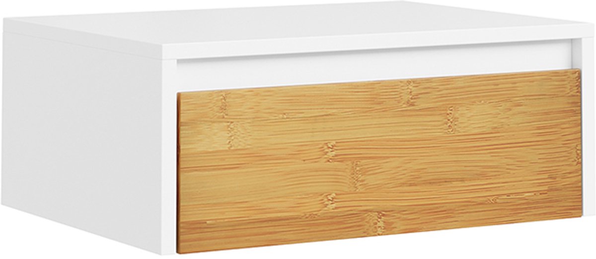 SoBuy Nachtkastje Wit - Wandmontage Zwevend Nachtkastje met Treklade en Bamboe Front - Modern Wit met Bamboe Design | FBT174-E-WN