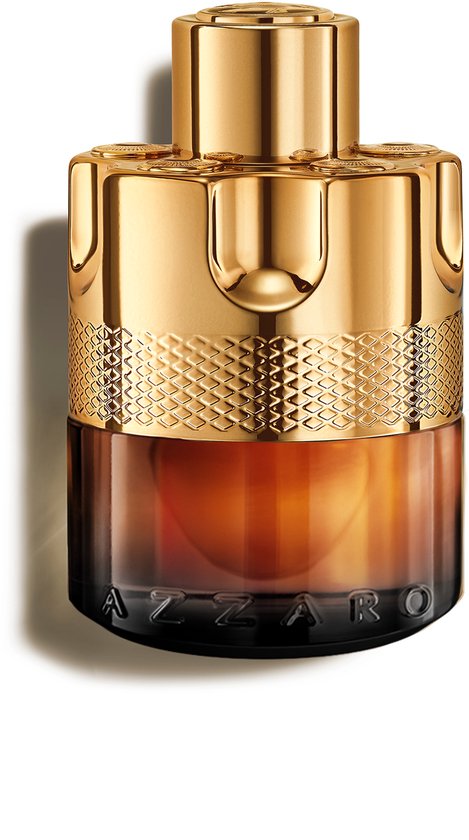 Flacon Azzaro Wanted Absolu met gouden dop, omringd door goudkleurige patronen.