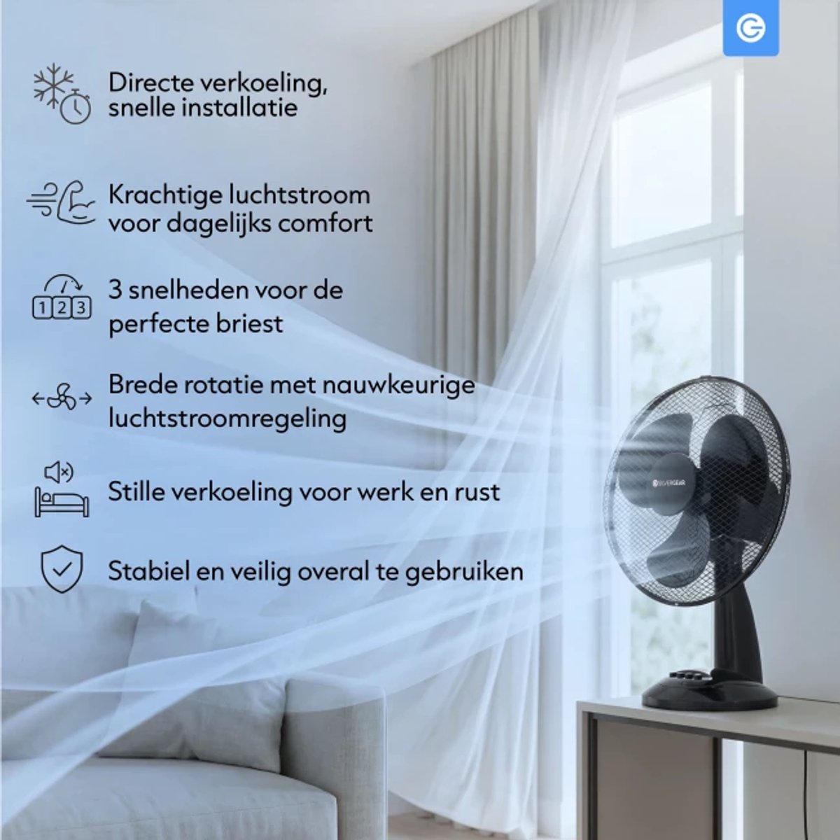 Tafel Ventilator - Compacte Luchtkoeler met 3 Snelheden - Bureauventilator - Kleine Ventilator - Luchtkoeler - Statiefventilator Slaapkamer - Krachtige Fan - Ventilator Staand voor Kantoor - Waaier - Verkoeling - Air Cooler - Zwart - Silvergear thumbnail 5