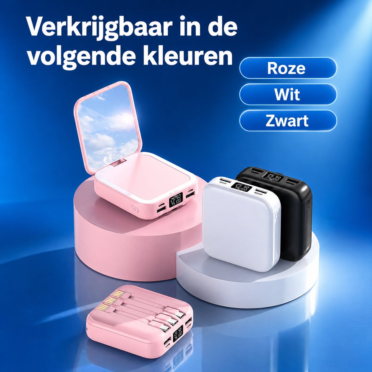 Powerbank 10.000 mAh – Roze – Met ingebouwde kabels & display – Draagbare oplader / externe batterij voor smartphone & tablet – foto 2