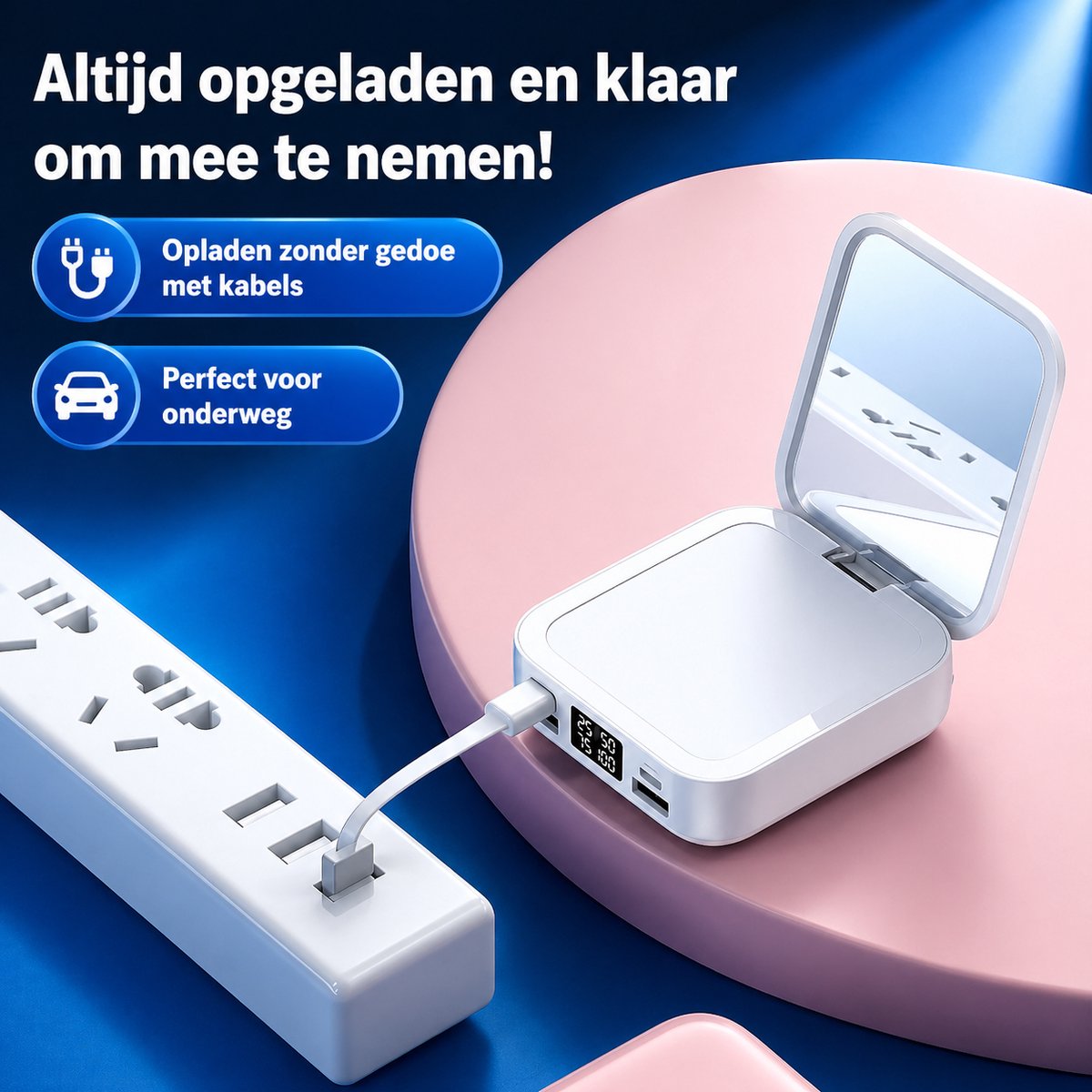 Powerbank 10.000 mAh – Roze – Met ingebouwde kabels & display – Draagbare oplader / externe batterij voor smartphone & tablet – foto 4