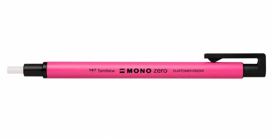 Neon roze Tombow MONO zero ELATOMER ERASER met zwarte clip.