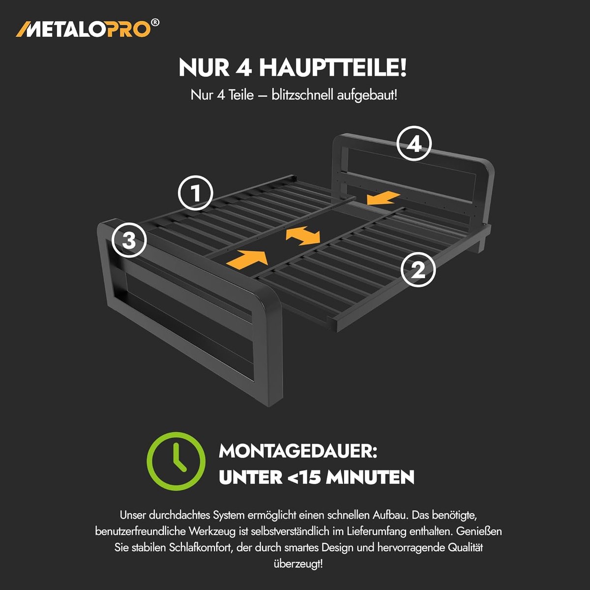 Metalen bedframe 140x200 cm – Extra sterk tot 1000 kg belastbaar – Piepvrij industrieel bed met lattenbodem – Snelle montage <15 min – 33 cm opbergruimte – Modern stalen platformbed – HomeByNicole