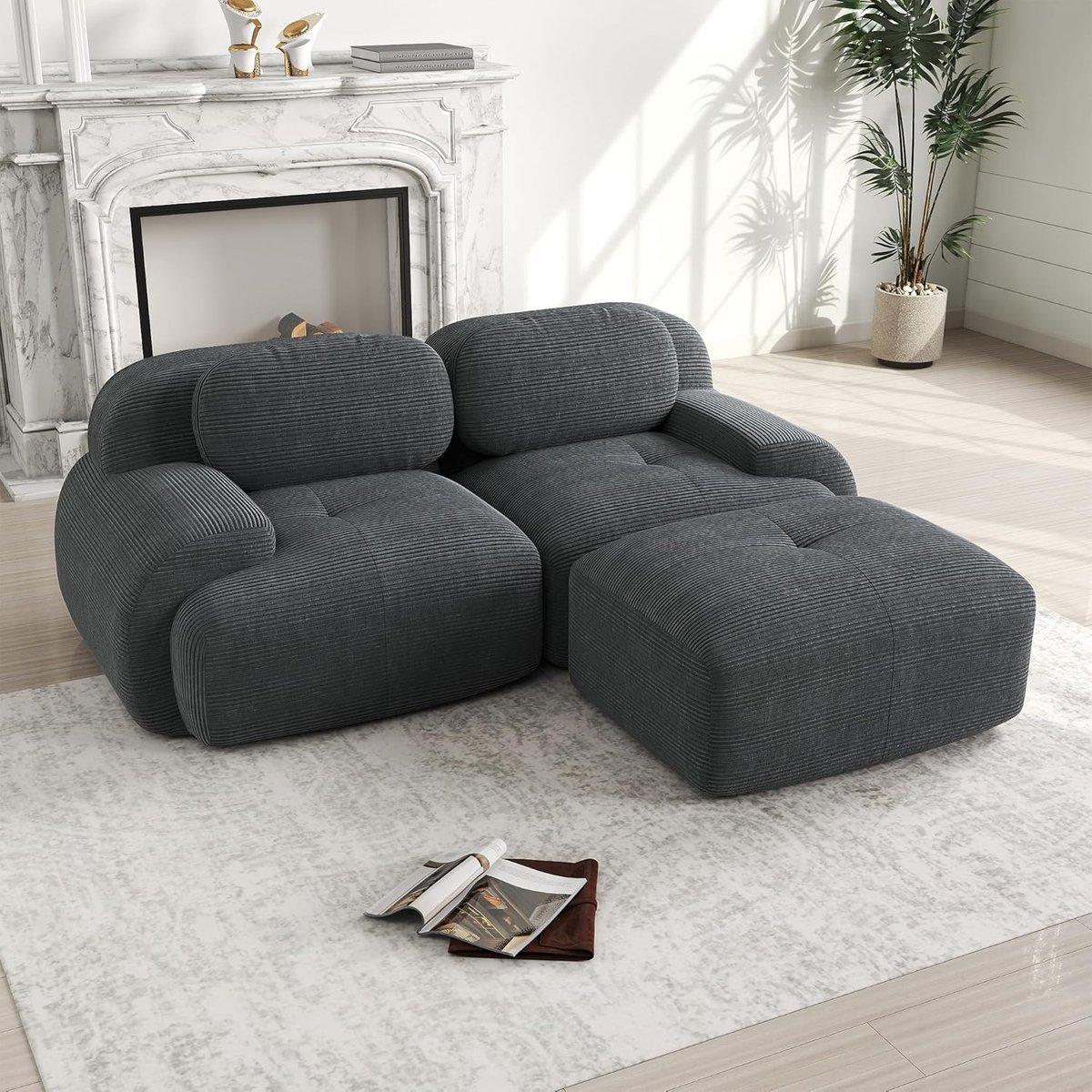 Modulaire corduroy hoekbank 2-3-zits met hocker L-vorm 178 x 208 x 70 cm – zachte grijze woonkamerbank, montagevrij, modern design, inclusief chaise lounge comfort – HomebyNicole
