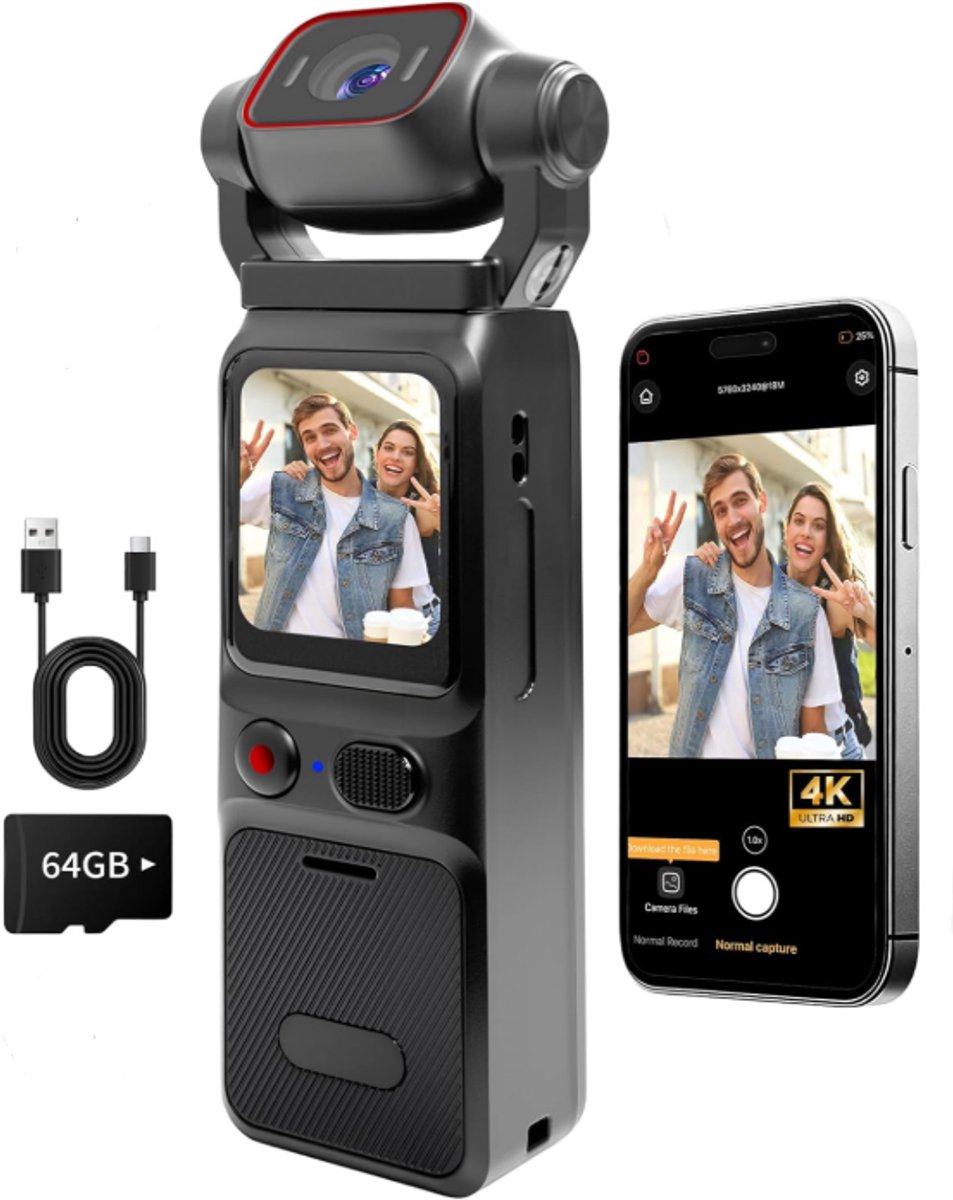 4K vlogcamera, draagbare POV-camera, lichaamscamera voor sport. WiFi mini sportcamera met beeldstabilisatie, draagbare bodycam voor reizen, inclusief 64GB TF-geheugenkaart.