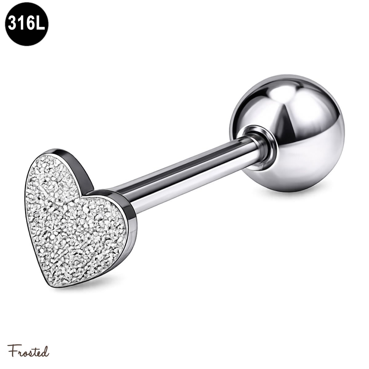 Tongpiercing - Hartje -Frosted - 316L Chirurgisch Staal - 1.6mm x 16mm - Zilver