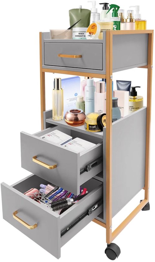 Chariot de salon Seth Select avec roulettes - Chariot de coiffeur - Meuble de rangement de salon avec 3 tiroirs – Robuste et mobile – Design moderne or/gris