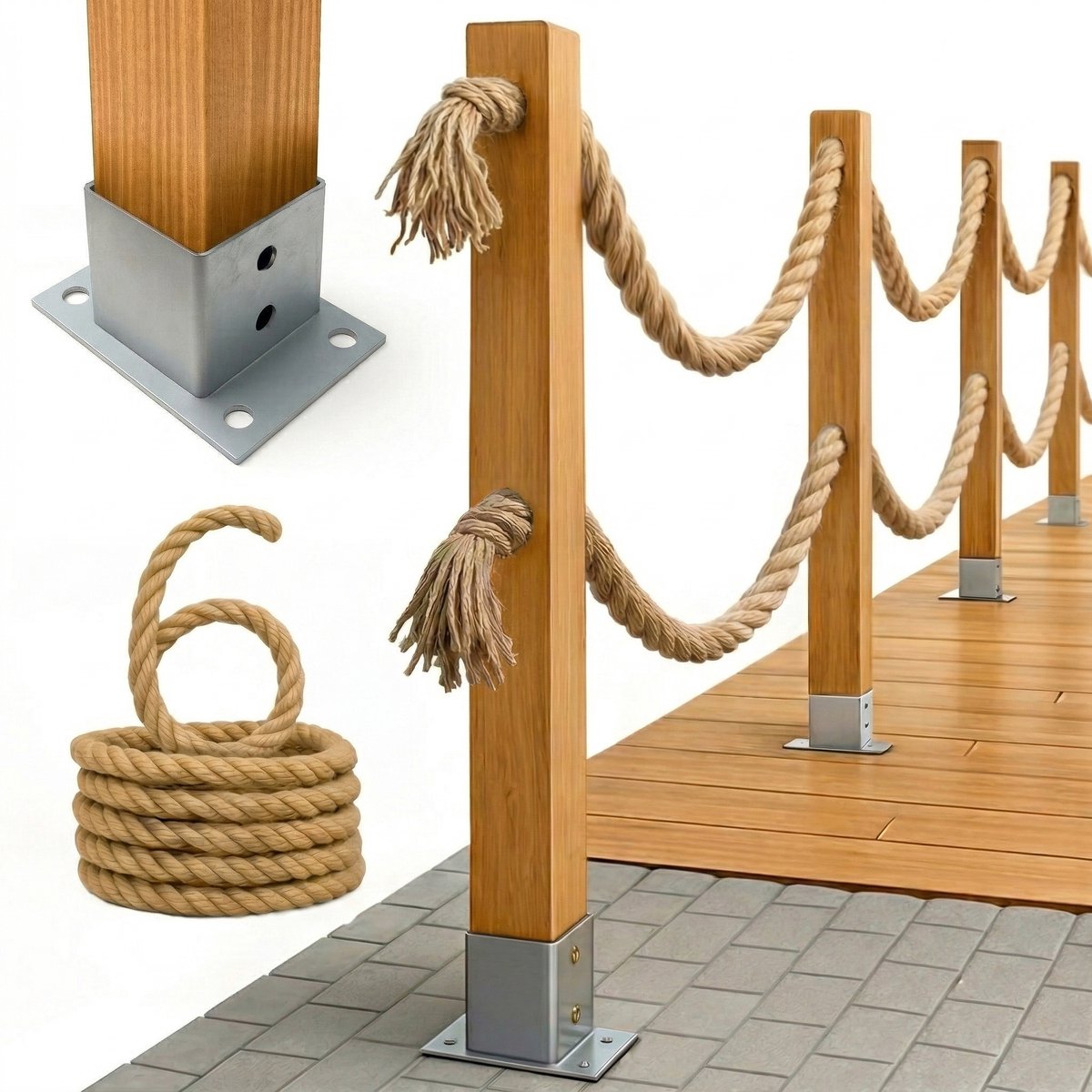 BOGATECO Nautische Touwomheining 6m - Houten Afzetting met Dubbel Jute Touw - Inclusief Paalhouders & Montagekit - 13 Maten Beschikbaar - Geïmpregneerd Grenen - Lichtbruin