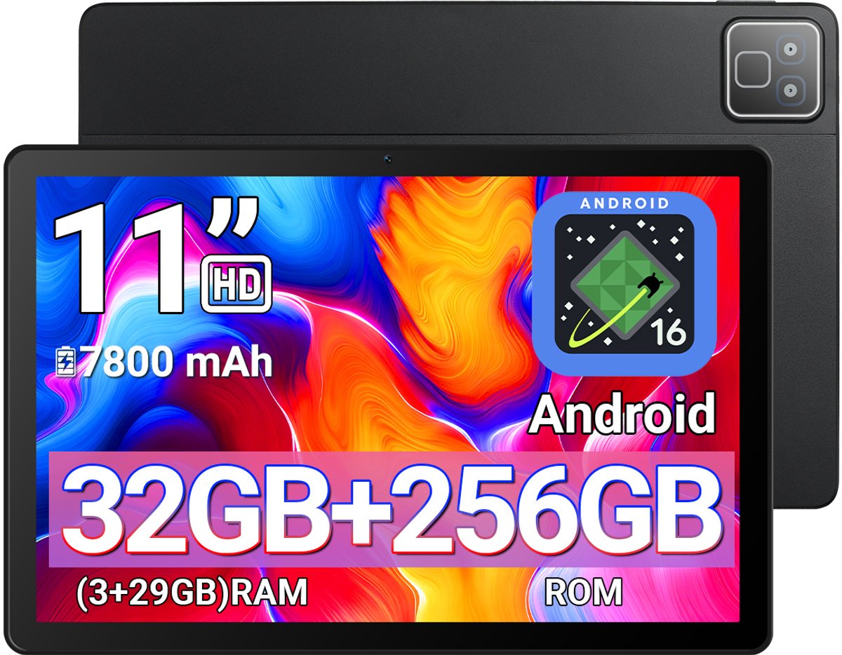 K6PRO Tablet - 11 inch Tablets - 32GB RAM(3G+29GB) - 256GB opslag - 7800mAh - WiFi6 - Bluetooth 5.3 - Zwart