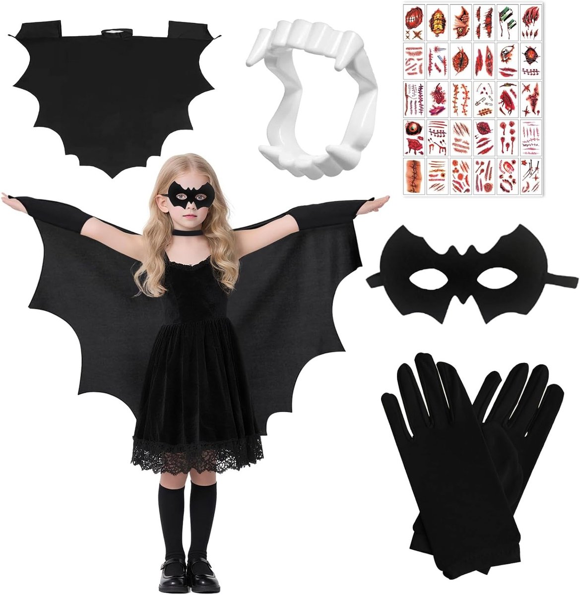 Halloween Carnavalskostuum voor Kinderen met Bat Cape, Oogmasker, Handschoenen en Bloed Tattoos voor Jongens en Meisjes