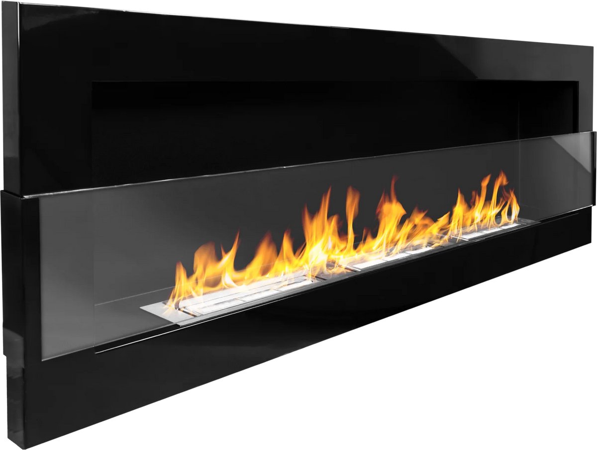 Bio-ethanol wandhaard 120x40 cm zwart hoogglans met glas – moderne sfeerhaard zonder schoorsteen