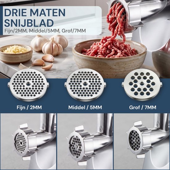 Vleesmolen – Professionele Elektrische Gehaktmolen 2000W – Volledig Metalen Motor RVS – 2 Snelheden – gehaktmolen vlees Voor Alle Soorten Vlees – Royal Swiss® — afbeelding 3