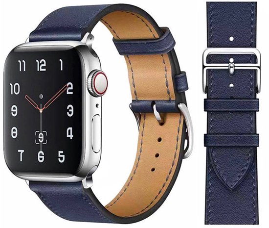 Stravo Premium Slank Leren Bandje - Geschikt voor Apple Watch 42mm (Series 11/10), 41mm (Series 9/8/7), 40mm (Series 6/5/4, SE 3/2/1), 38mm (Series 3/2/1) - Dun Leather Horlogebandje van Echt Leer met RVS Gesp - Donkerblauw