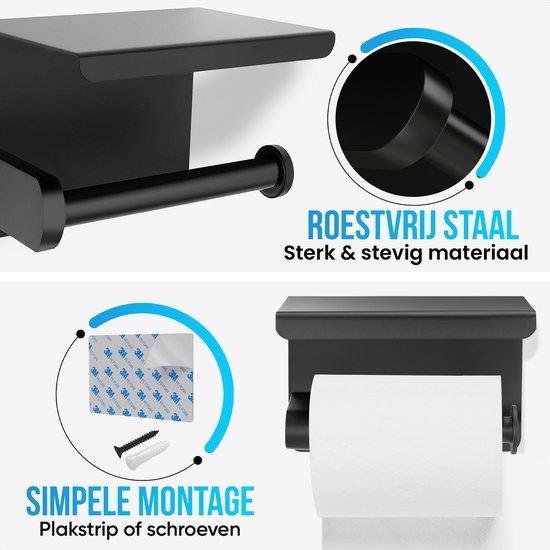 Zwarte toiletrolhouder van roestvrij staal met een plankje. Inclusief plakstrip en montagemateriaal.