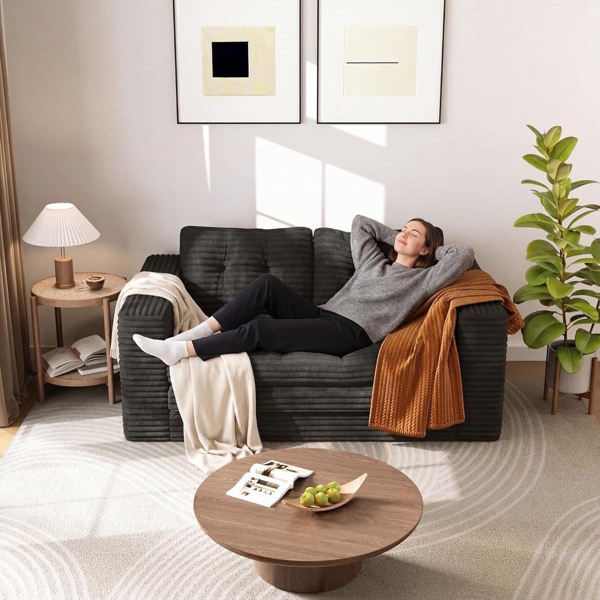 Slaapbank 2-zits Uitklapbaar 3-in-1 met Logeerbed Functie – Corduroy Relaxbank voor Woonkamer & Kleine Ruimtes – Zwart – 150 x 86 x 75 cm – HomebyNicole