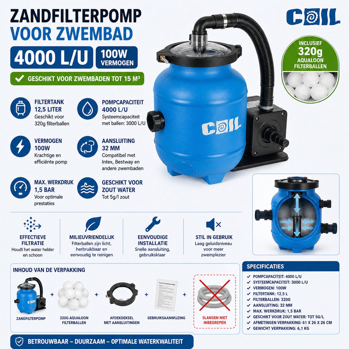 COIL Zandfilterpomp 4000 l/u (100W) – Inclusief Aqualoon filterballen 320g – Zwembadpomp tot 15 m³ – 32 mm aansluiting – foto 8