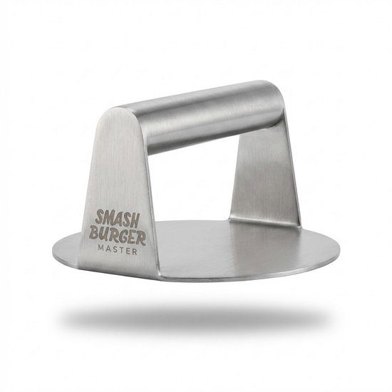 RVS smash burger pers met gebogen handvat en 'SMASH BURGER MASTER' tekst.