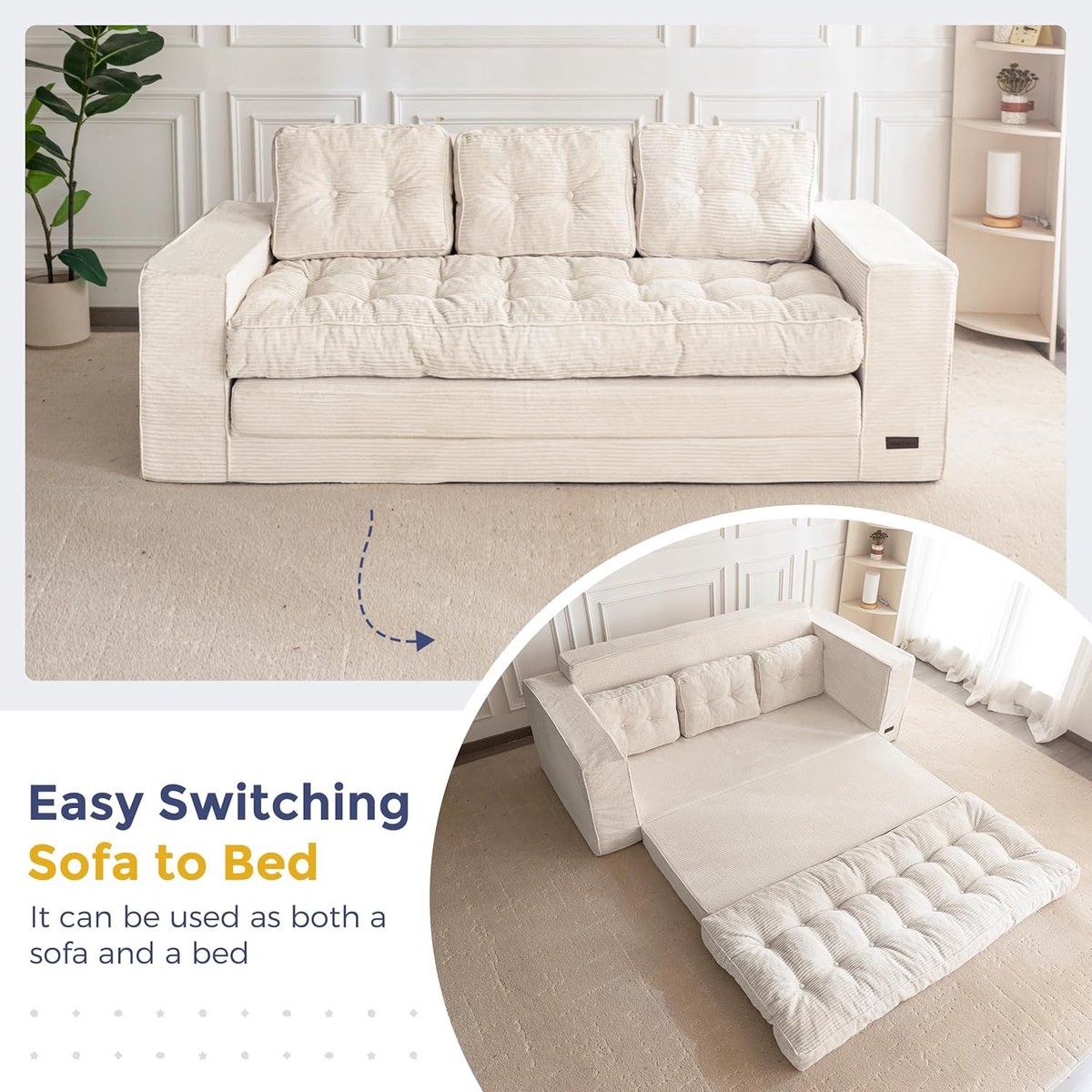 Opvouwbare Corduroy Slaapbank 3-Zits 2-in-1 Vloerbank met Slaapfunctie 190 cm Breed – 85×190×75 cm, Ligoppervlak 101×196 cm, Inclusief Kussens