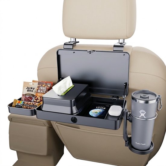Auto Organizer met Tafel - 3-in-1 Opbergplaat - Eten, Opbergen & Afval - Met Bekerhouder & Tissuehouder - Achterbank Organizer — afbeelding 2