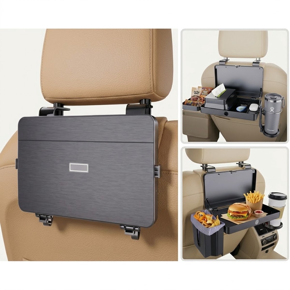 Auto Organizer met Tafel – 3-in-1 Opbergplaat – Eten, Opbergen & Afval – Met Bekerhouder & Tissuehouder – Achterbank Organizer
