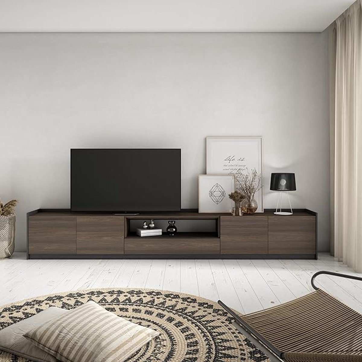 TV Meubel 310x50x37 cm XXL Modern Lowboard met Soft-Close Deuren en Veel Opbergruimte – Donker Eiken & Zwart – Geschikt voor TV’s tot 80 Inch – Stijlvol Design voor Woonkamer & Eetkamer