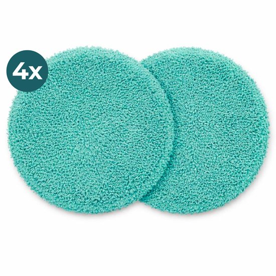 Deux tampons de nettoyage ronds en microfibre turquoise à la texture douce. Un label "4x" dans un cercle.