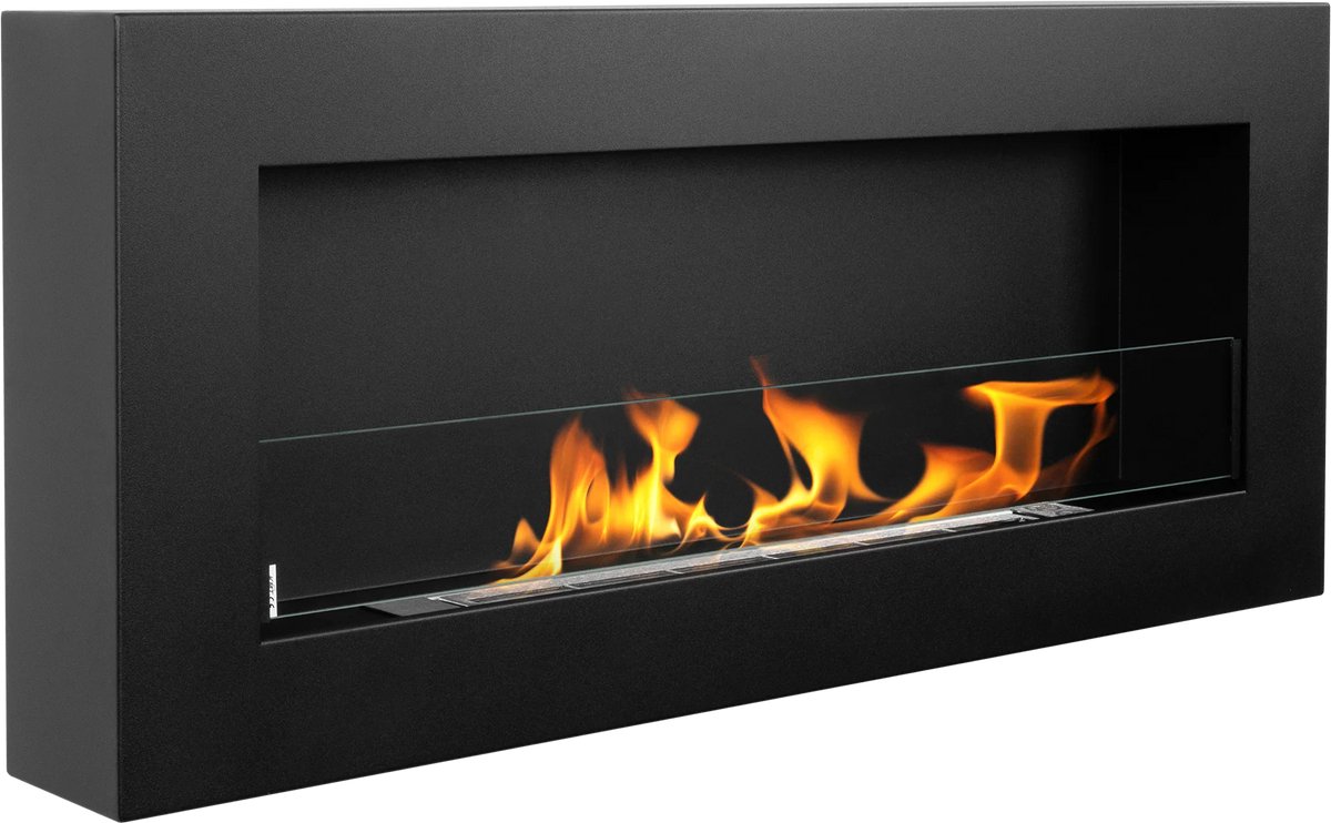 Bio-ethanol wandhaard 90x40 cm box zwart mat (structuur) met glas – moderne sfeerhaard zonder schoorsteen