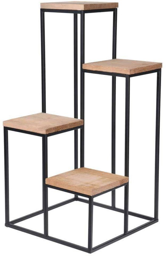 Vierkante houten plateaus op verschillende hoogtes, verbonden door een zwart metalen frame.
