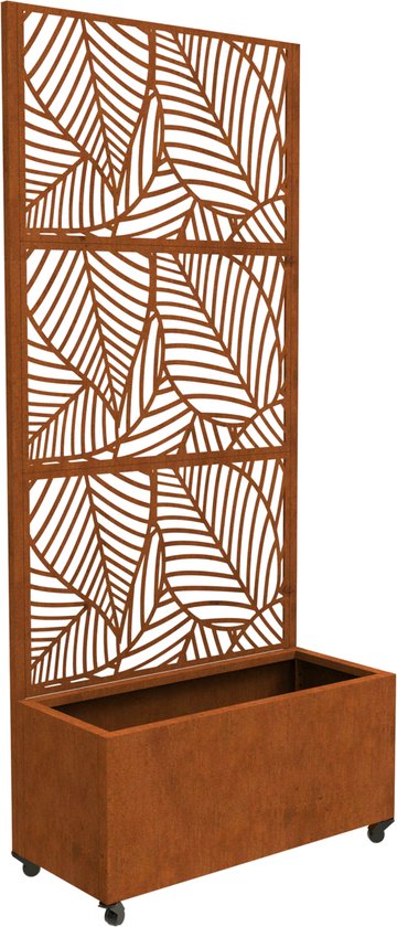 Roestbruin tuinscherm met plantenbak (190x82x38 cm). Bladmotief op het scherm.
