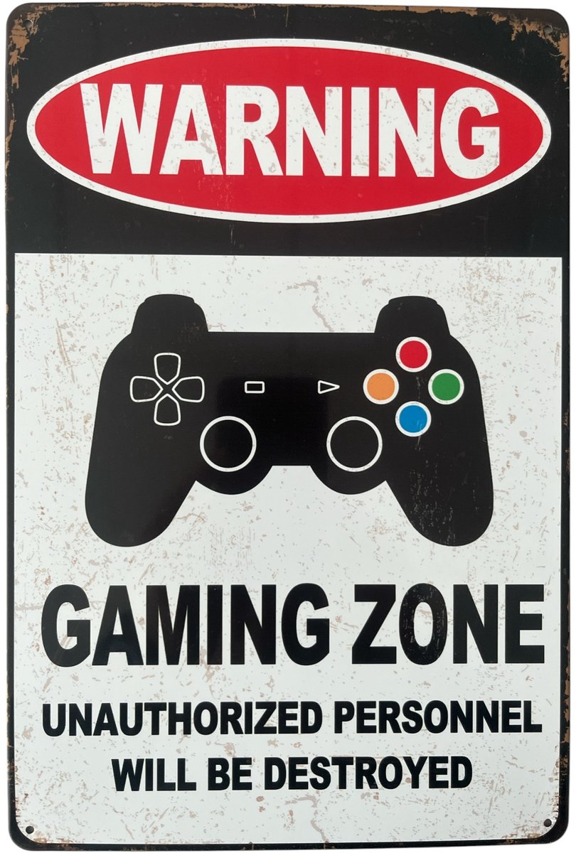 Vintage art Wandbord – Gaming zone - Warning - Retro - Wanddecoratie – Reclame bord – Restaurant – Kroeg - Bar – Cafe - Horeca – Metal Sign – 20x30cm Multi