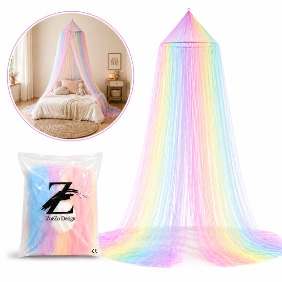 ZoeZo Design® - Regenboog Muggennet - Klamboe voor Eenpersoons of Tweepersoons Bed - Muskietennet met Ophangset - Bedhemel - Kinderkamer
