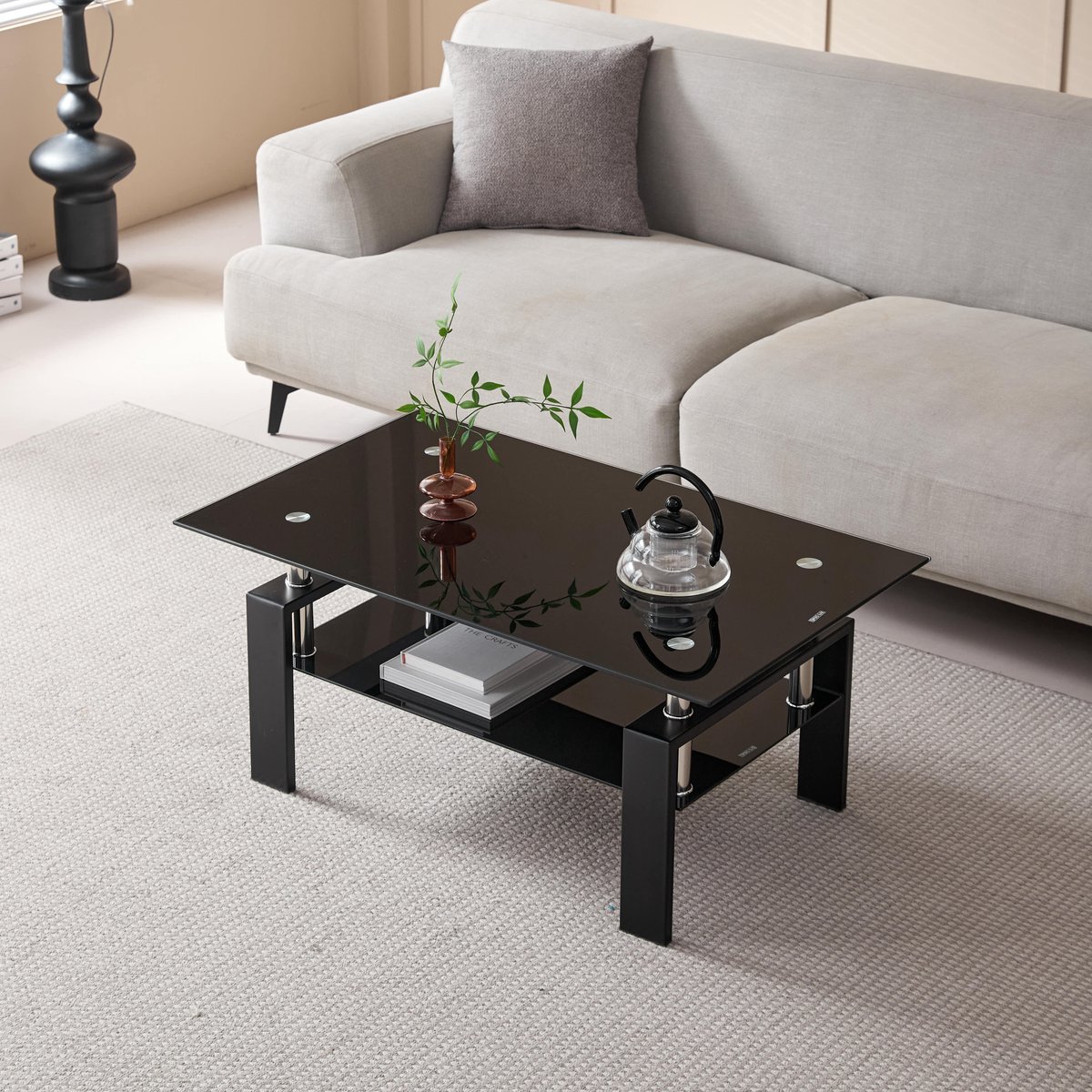 MODENUIT Salontafel - Twee Niveaus Van Gehard Glas - Voor Woonkamer En Kantoor - Metaal Zwart - 100x60x44 Cm