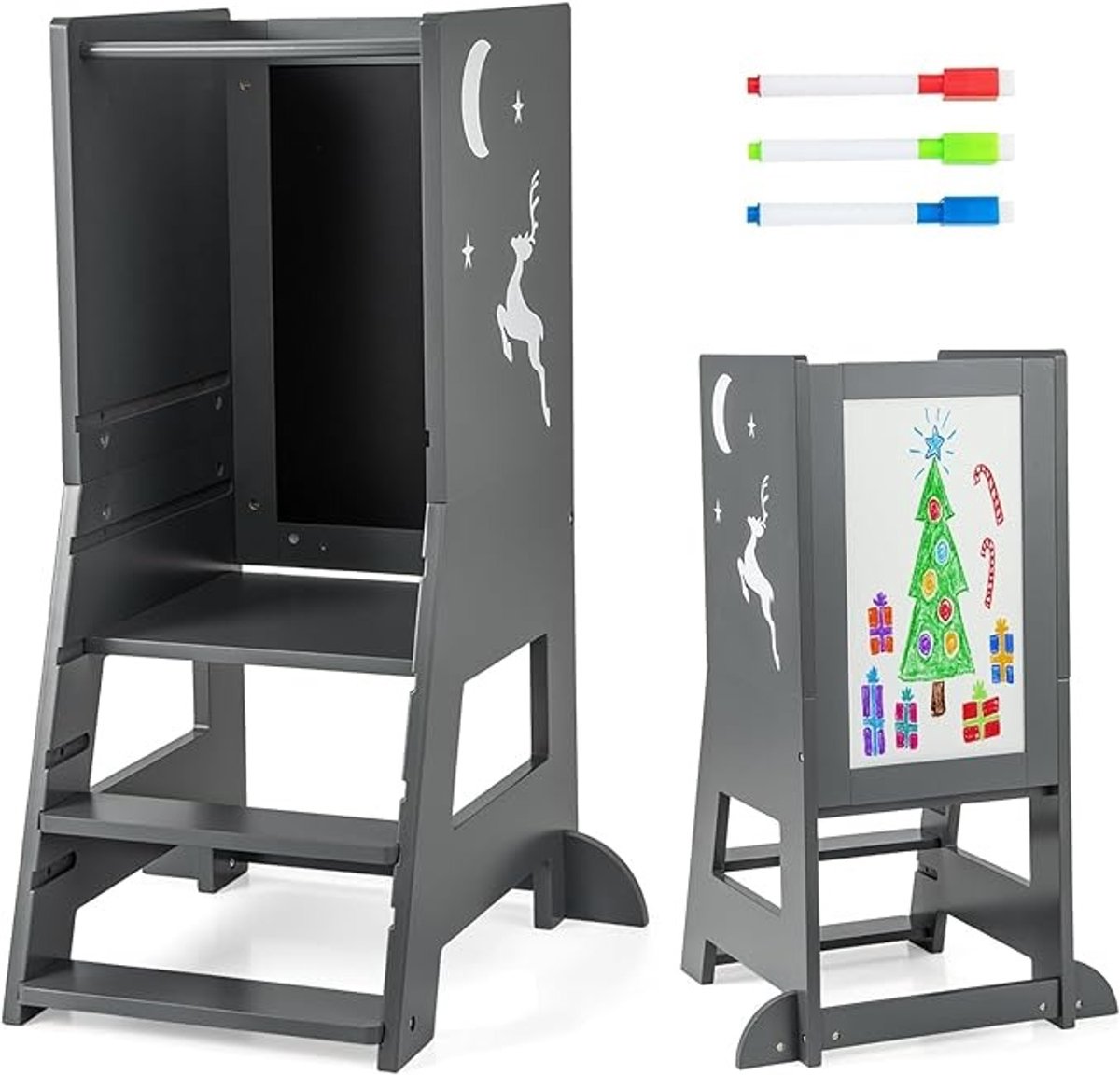 Leertoren Kind 2-in-1 Montessori - Veilig Leren & Zelfstandig Ontdekken - Verstelbare Hoogte - Dubbelzijdig Krijtbord & Whiteboard - Keukenhulp - Leerstoel Peuter Hulpkruk Kindertrap