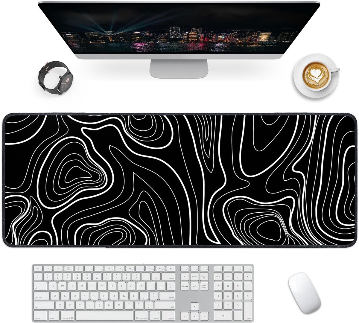 Allecto - Gaming muismat XXL - Bureauonderlegger - Antislip rubberen basis - 800 x 300 mm - Zwart en wit - Geschikt voor toetsenbord en muis