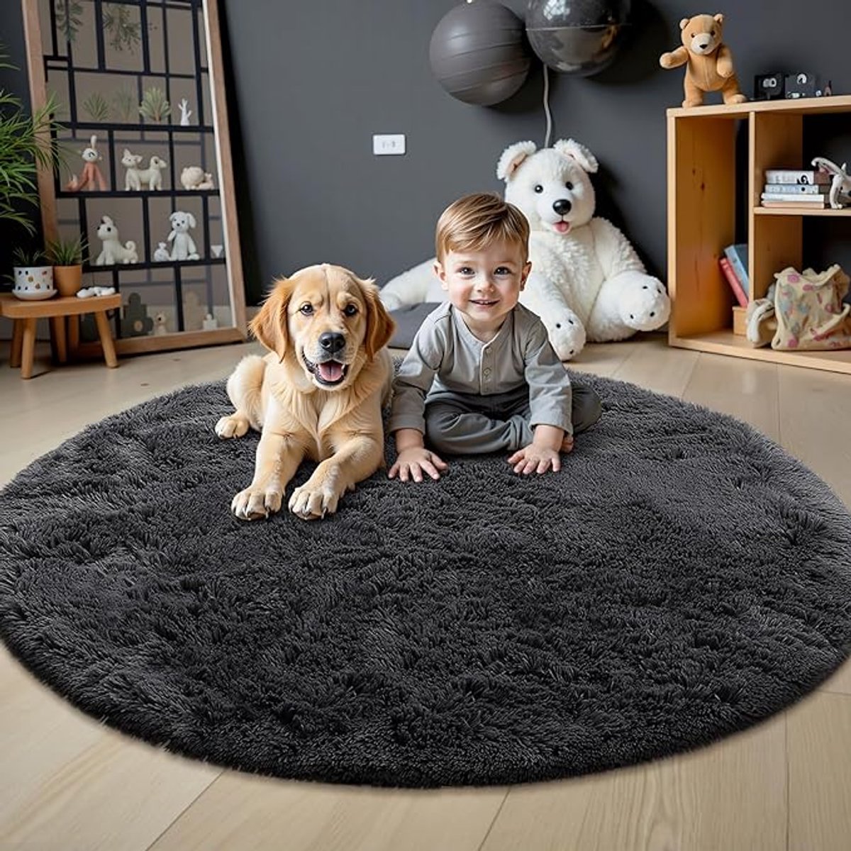 Homaxy Woonkamerkleed - Kunstbont Vloerkleed- Hoogpolig- Pluizig En Zacht Klein Tapijt- 153x153 cm -Rond - Zwart