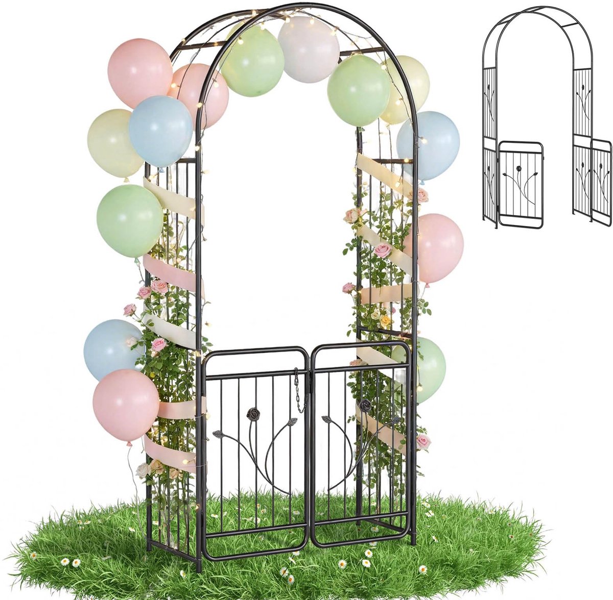 Aufun Rozenboog met Deur 220 cm, Metalen tuinboog met klimrooster, Afsluitbare tuinpoort, Gepoedercoat staal, Weerbestendig en stabiel, Klimondersteuning voor klimplanten, Decoratief voor tuin en bruiloft, Zwart