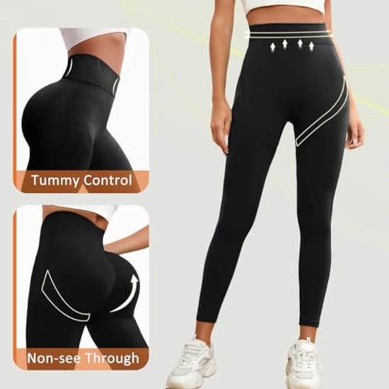 Sportlegging voor dames push-up hoge taille naadloos anti-cellulitis yogabroek fitness hardlopen zwart M van Merkloos — afbeelding 2