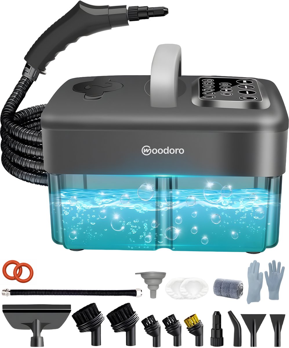 Stoomreiniger 121°C – In 15s Warm – 60 Min Stomen – 6 Standen – Handstomer voor Bank, Vloer, Badkamer, Keuken, Auto, Tapijt – Vlekkenreiniger – Handstoomreiniger – 1.6L Steam Cleaner – Woodoro