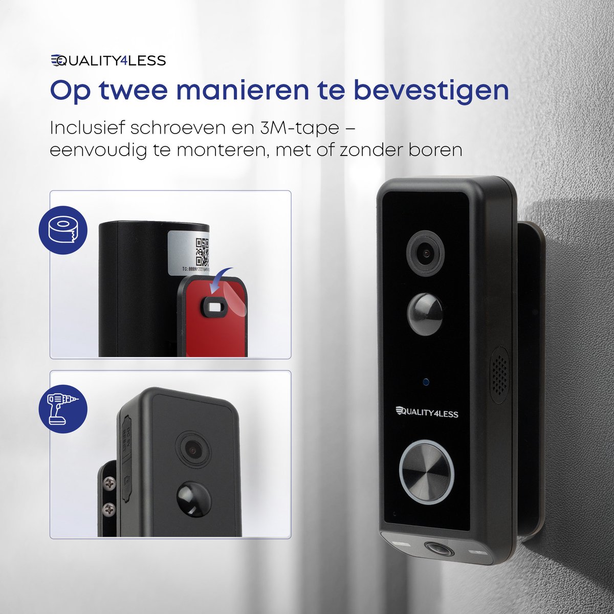 Quality4Less™ - Slimme Video Deurbel met dubbele camera - 2K Ultra HD - Werkt draadloos & bedraad - Wifi deurbel - Zonder abonnement - Incl. draadloze gong en 32GB SD-Kaart - (T-ring geluid) - Zwart – foto 6