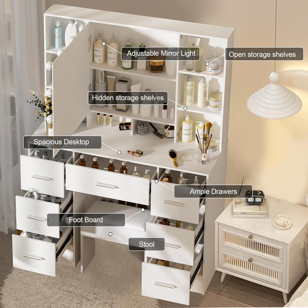 Luxe GlowSlide Kaptafel met Schuifspiegel, LED Verlichting en Kruk – 6 Lades & 6 Opbergvakken – 80 x 36 x 131 cm – Moderne Make-uptafel met Dimbare Hollywood Verlichting – Wit |