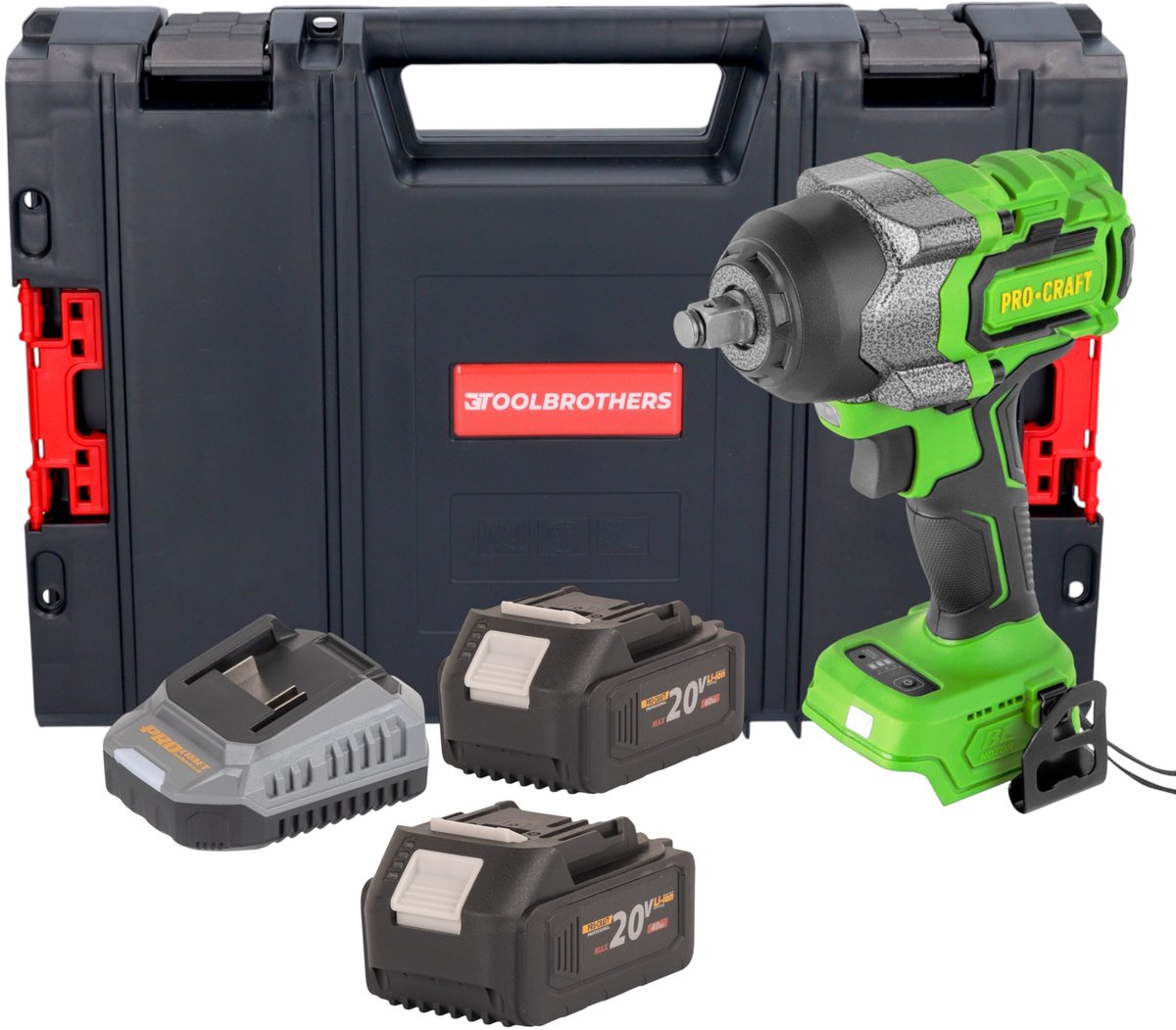 Procraft PWA36bb accu-slagmoersleutel 20 V 850 Nm 1/2" borstelloos + 2x accu 4,0 Ah + oplader + RHINO-gereedschapskoffer