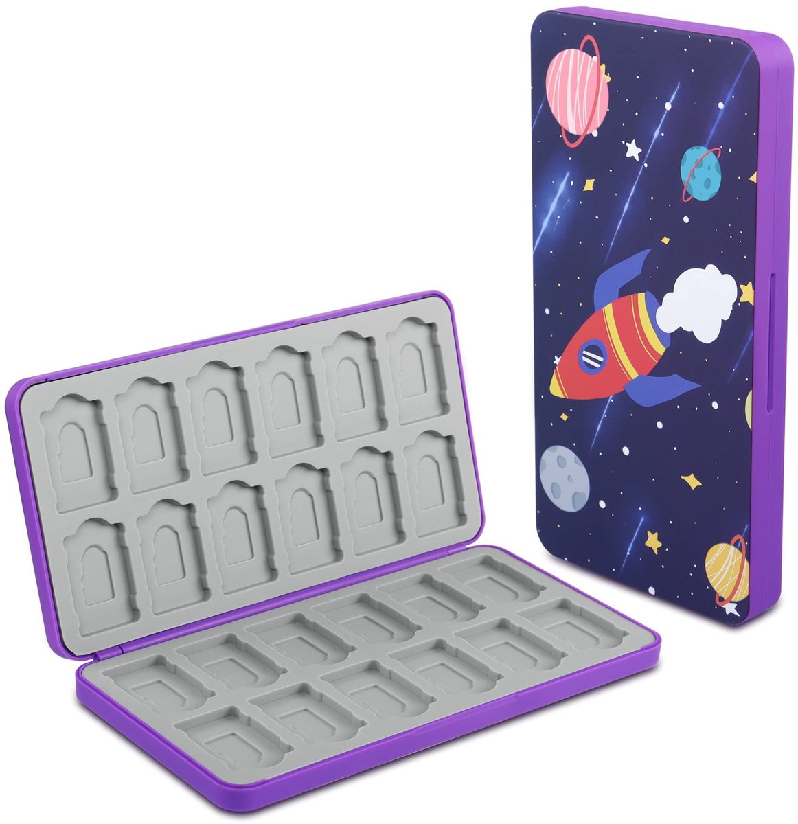 QIANRENON 24-in-1 Switch Card Organizer - Magnetische MicroSD Kaartopslagbox, Paars met Sterrenhemelpatroon